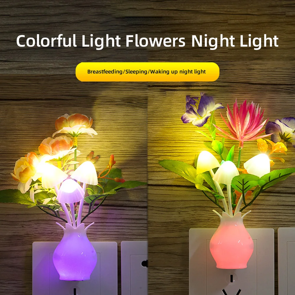 Night Light LED 1Pc With Sensor Plug-in Auto Switch Rose Flower Luminous Vase Night Light Wall Light for Bedroom Living Room smile