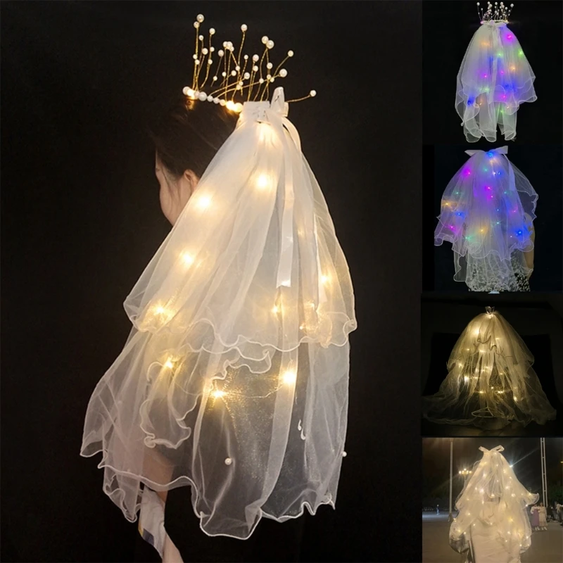 2025 LED Light Bridal Wedding Veil new with Pearls/Crowns Wedding Tiara Veil for Photoshop Props Party Headpieces Decor