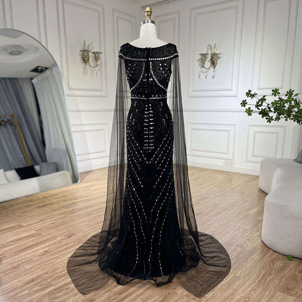 Arabic Serene Hill Black Mermaid Gown With Cape Sleeves And Beaded Evening Dresses For Party LA Customized