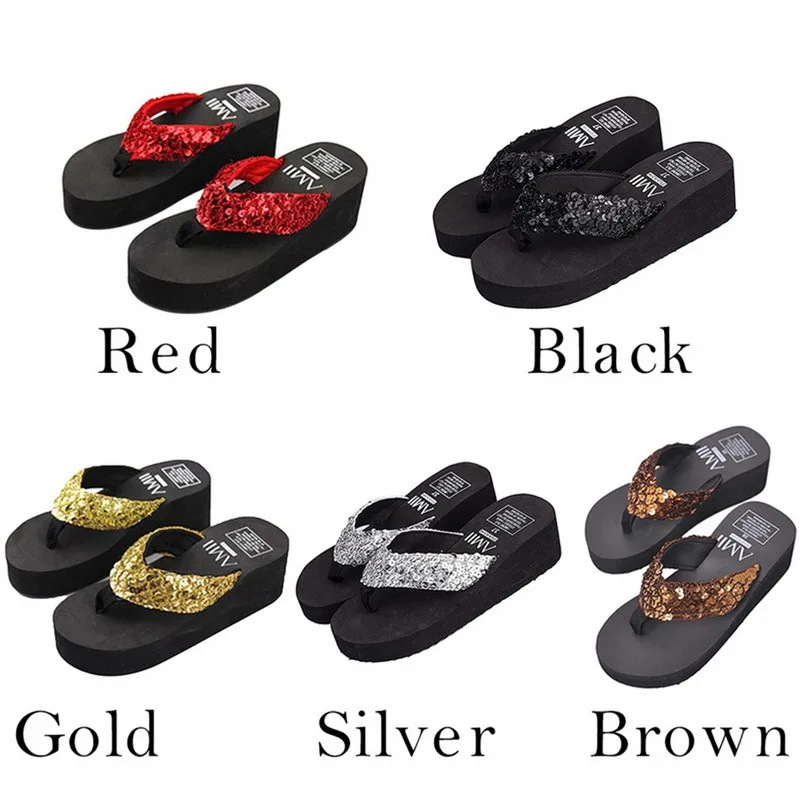 Women Summer Sandals Sequins Beach Female Flip Flops Women's Slippers High Heel Shoes For Women 2023 Platform Wedge Slippers 's smile '