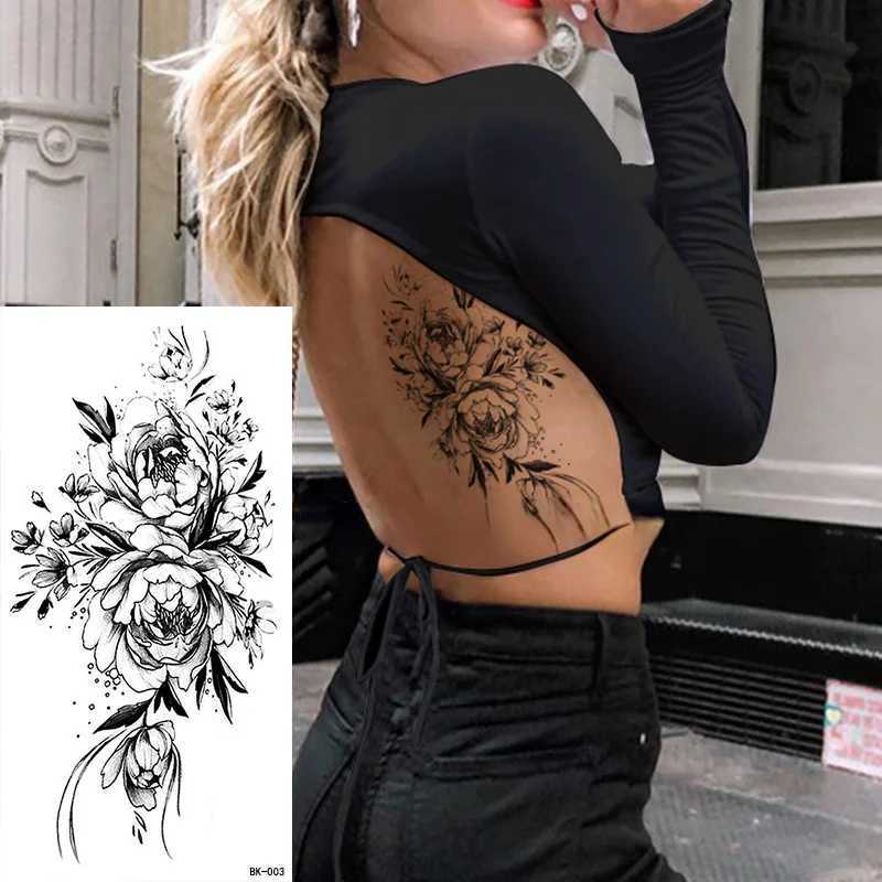 Large size black flower pattern fake tattoo sticker for women click rose peony temporary tattoo DIY water transfer tattoo for girls W250410