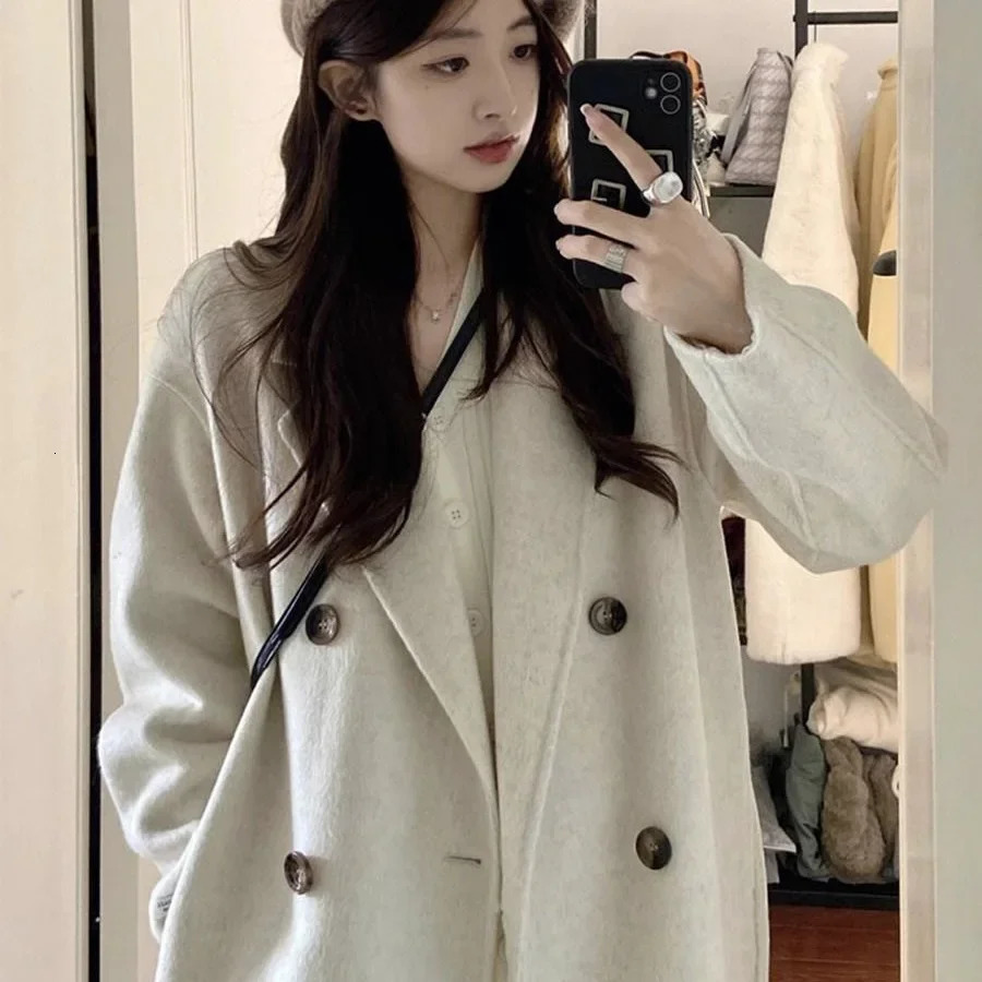 Double sided wool products medium length womens coat autumn and winter Korean knee length wool jacket 241108