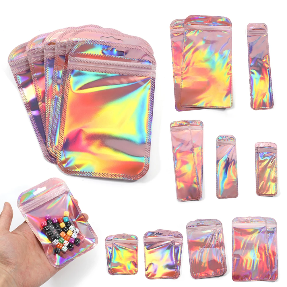 Iridescent Sealing 50pcs Self OPP Bags Laser Iridescent Zip lock Resealable Package Pouch Retail DIY Jewelry Storage Accessories smile