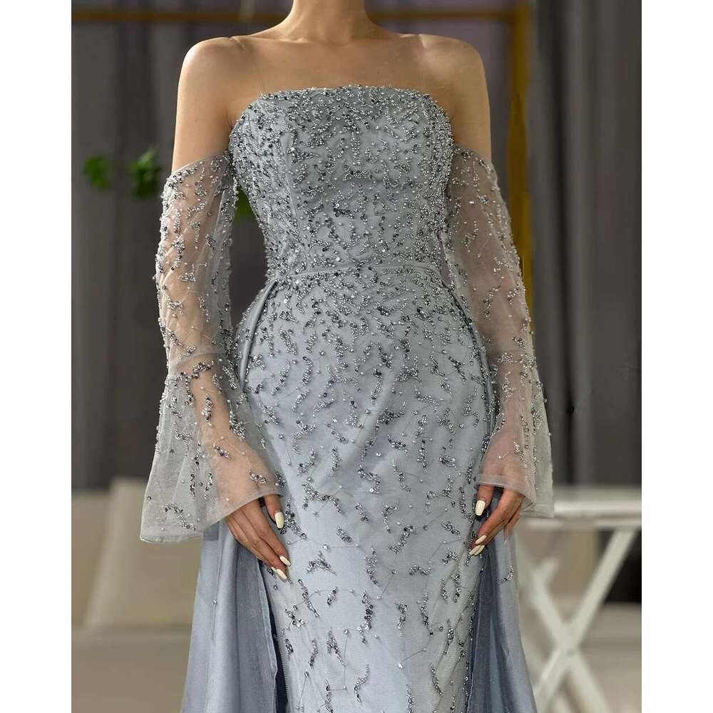 Customized Serene Hill Arabic Strapless Blue Beaded Pearls Dubai Evening Gown For Formal Ocn LA Mal