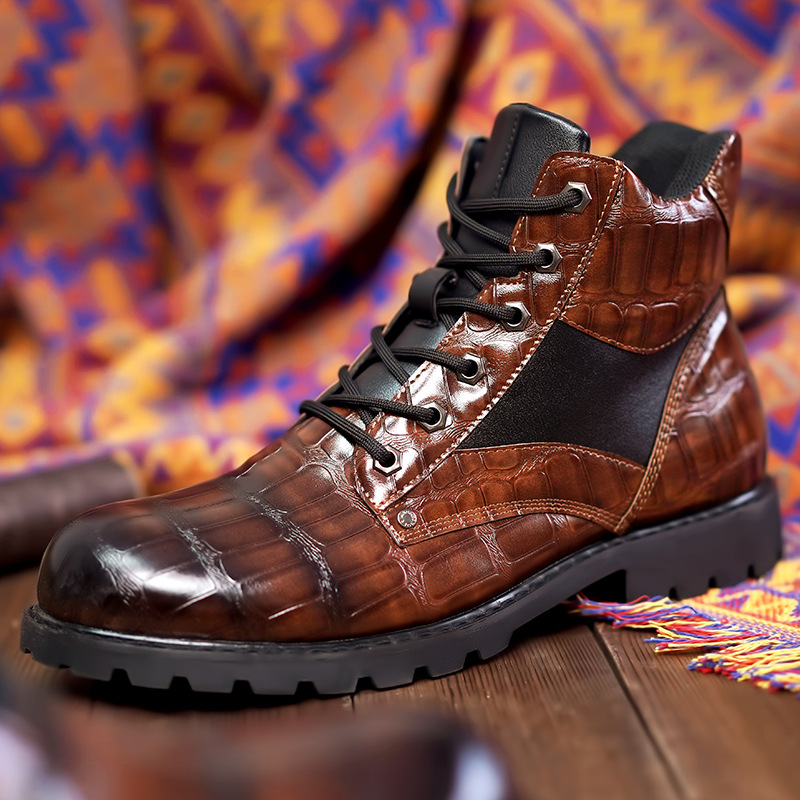 2024 retro imitation crocodile leather shoes, fashionable men's mid top boots, Martin boots
