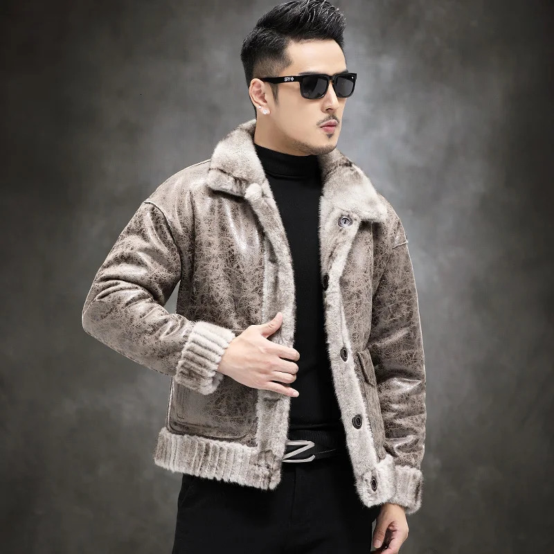 Autumn Winter Mens Fashion Leather Casual Jacket Mens Plush Fluffy Coat Mens Genuine Mink Warm Coat P467 241108