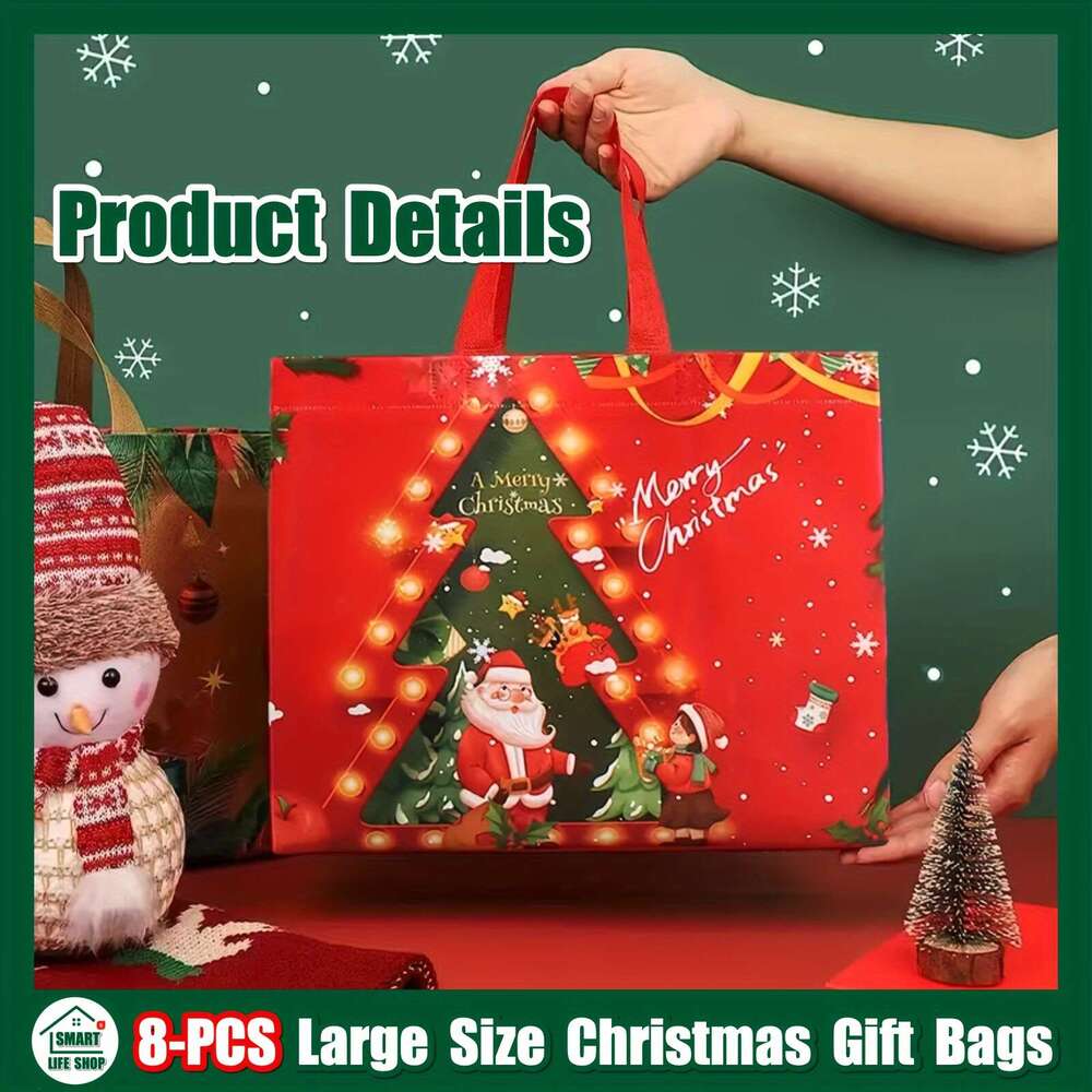 Christmas 8pcs Christmas - Reusable, Waterproof, Reinforced Handle Tote Bags for Grocery Shopping and Gift Giving