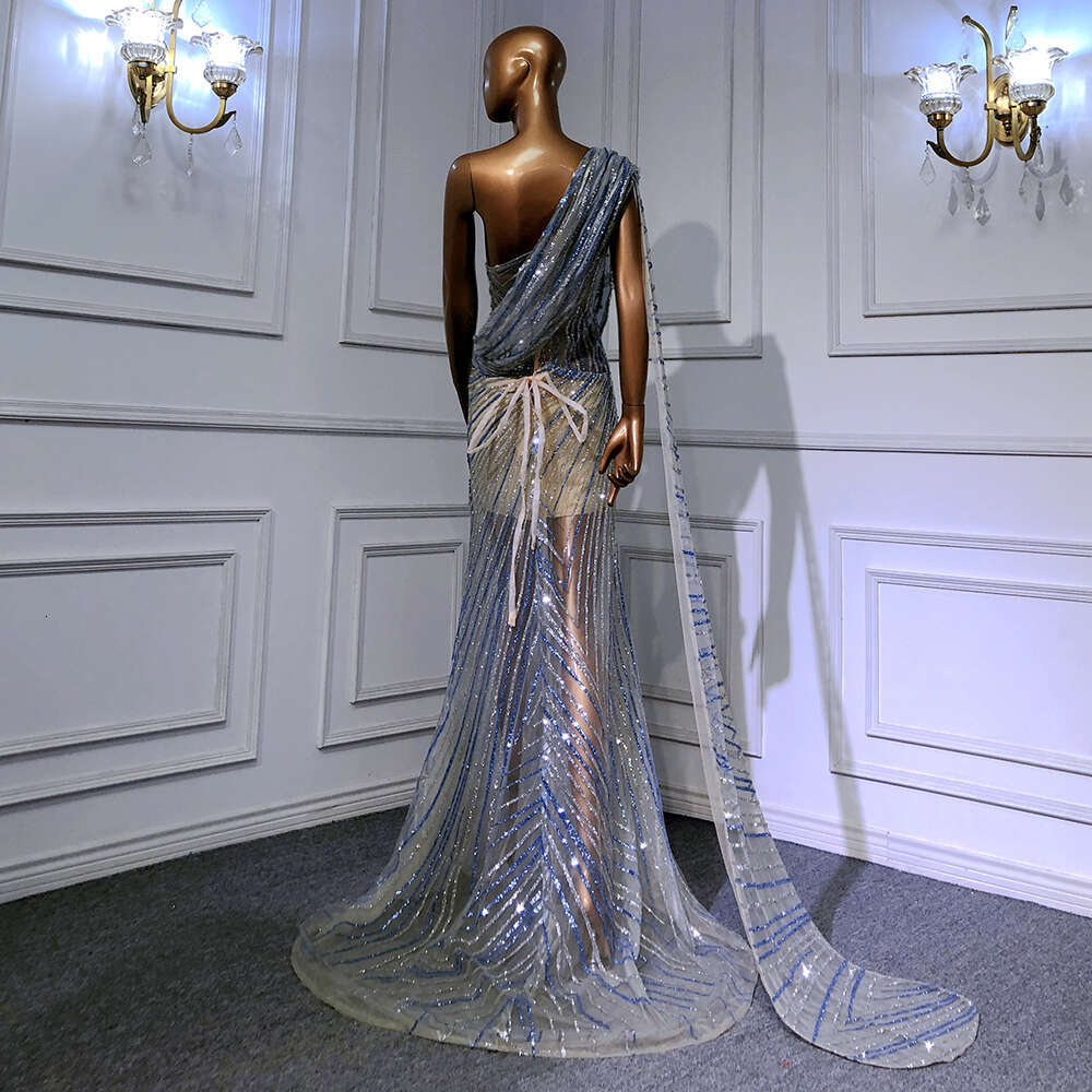 Blue Customized Sliver High Split Evening Dresses Gowns Beaded Mermaid Elegant For Women Party Couture LA