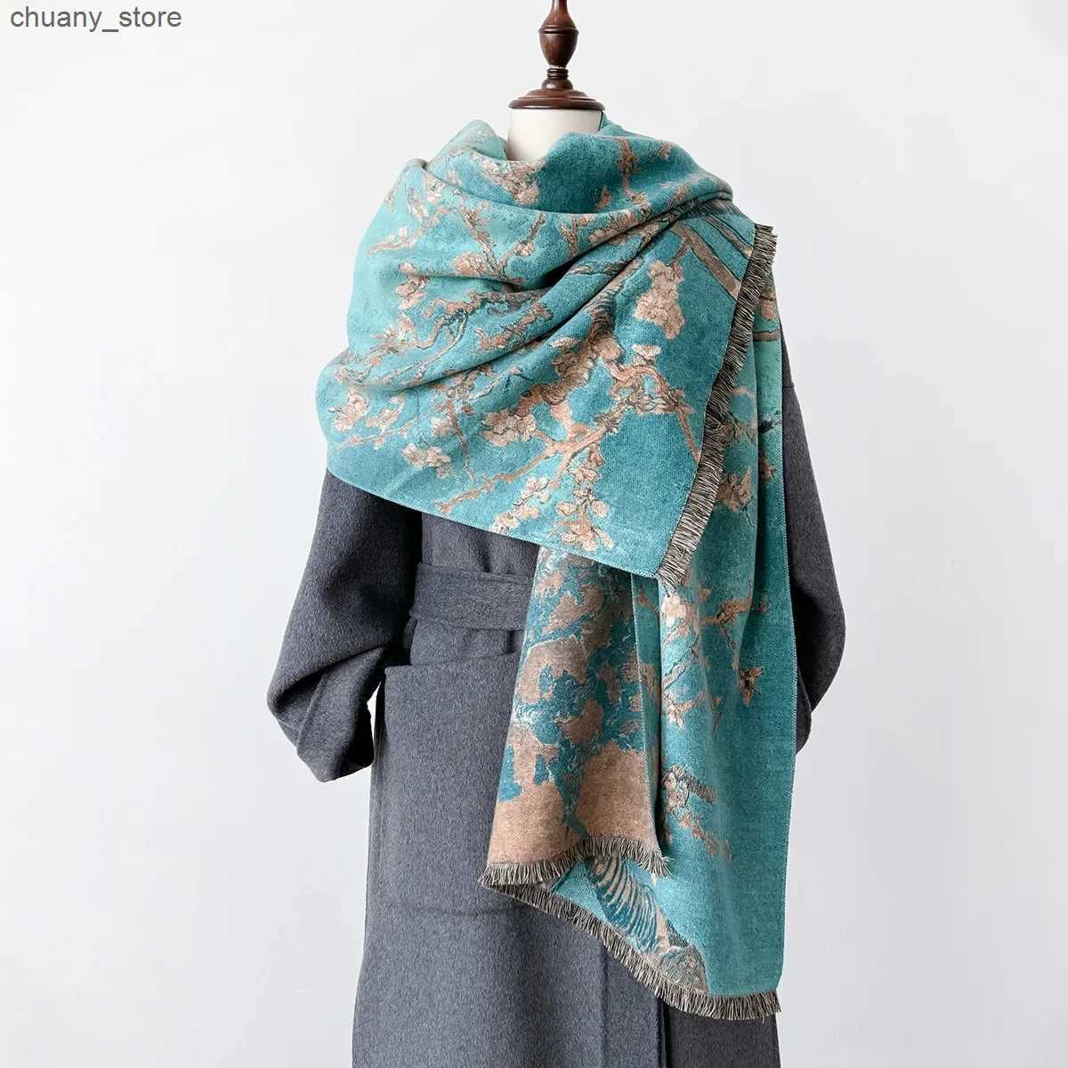 Scarves 2024 Retro Floral Print Thick Cashmere Scarf Women Winter Autumn Keep Warm Shawl Wraps Blanket Pashmina Poncho Tassels Bufanda L240910