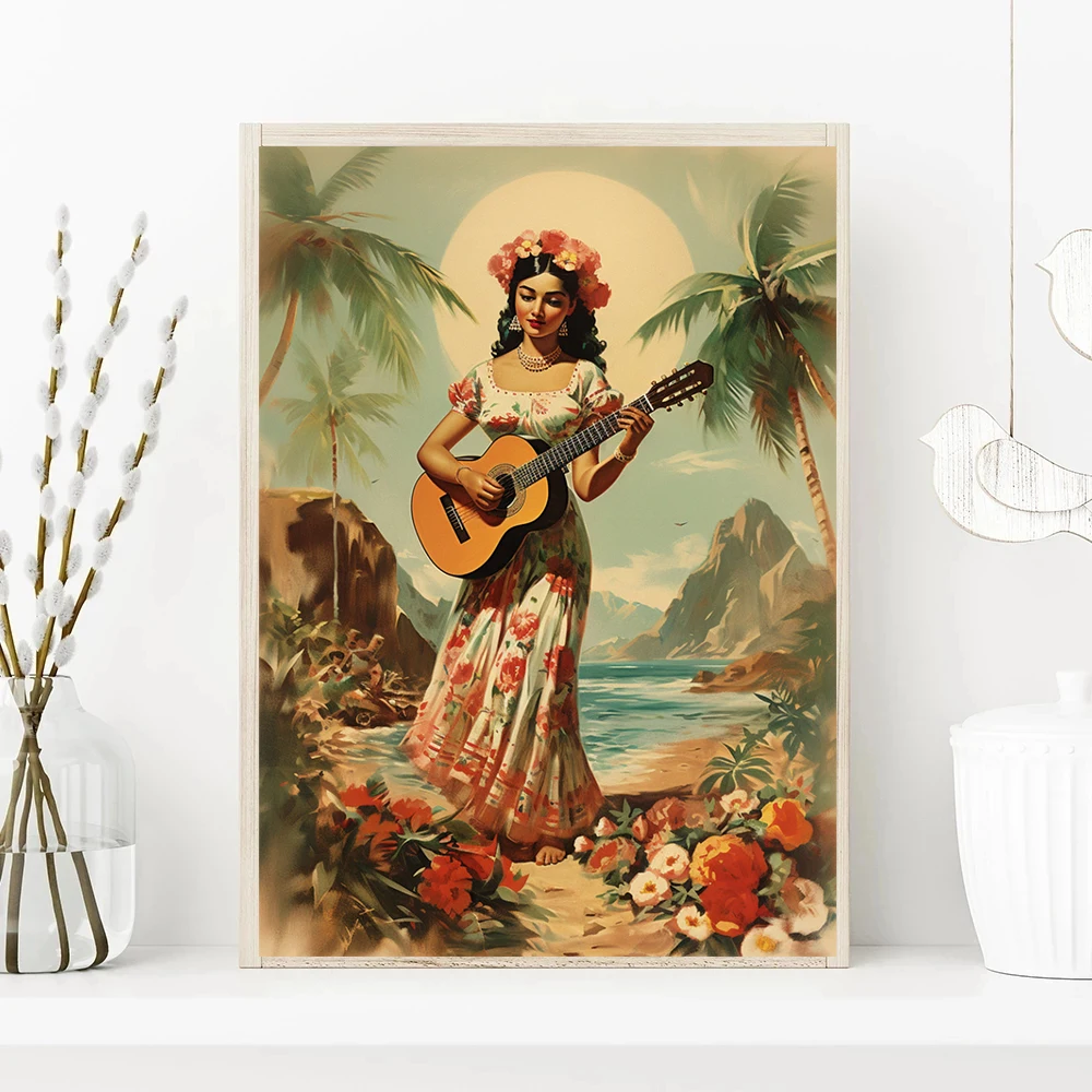 Woman Flower Mexican with Man Play Guitar Playing Saxophone Poster Cute Cat Canvas Painting for Living Room Home Decor Cuadros smile