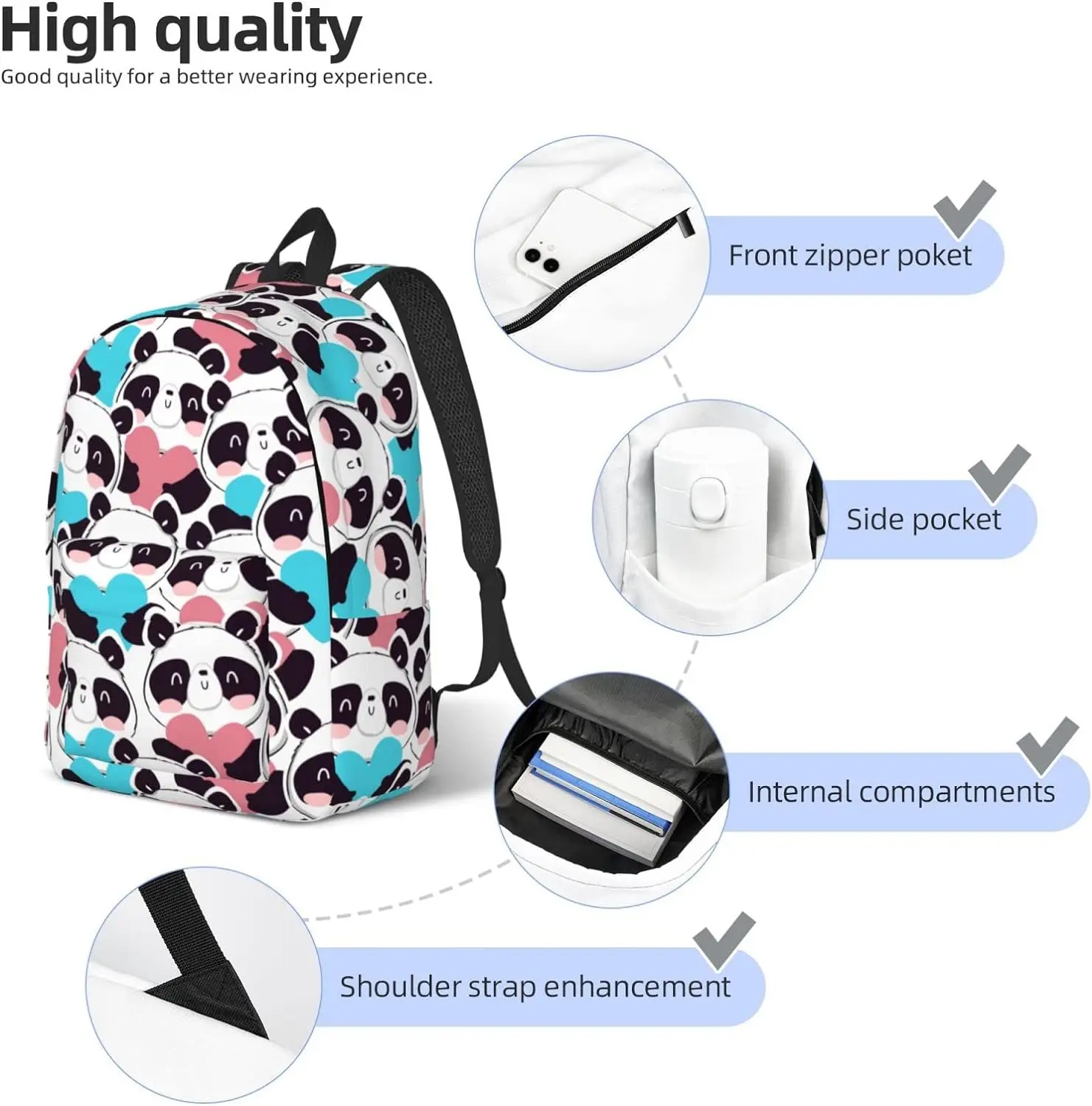 Backpack Casual Lightweight Panda Laptop Backpack Men Women Travel Bag Outdoor Canvas Daypack smile