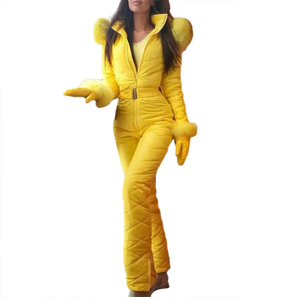 Womens winter outdoor zipper synthetic fur collar warm wool skiing jumpsuit 241106