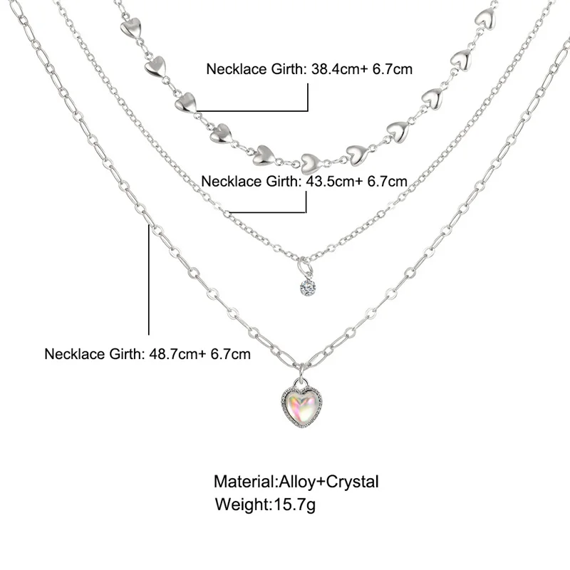 Heart Pendant Necklace Opal Metal 2025 Sier Color new Multi-layered for Women 2024 Trendy Cute Elegant Y2K Jewelry Party Gift