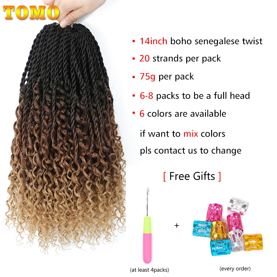 TOMO Senegalese Twist Crochet Hair Curly Ends Synthetic Crochet Braids for Women Ombre Pre-looped Braiding Hair Extensions