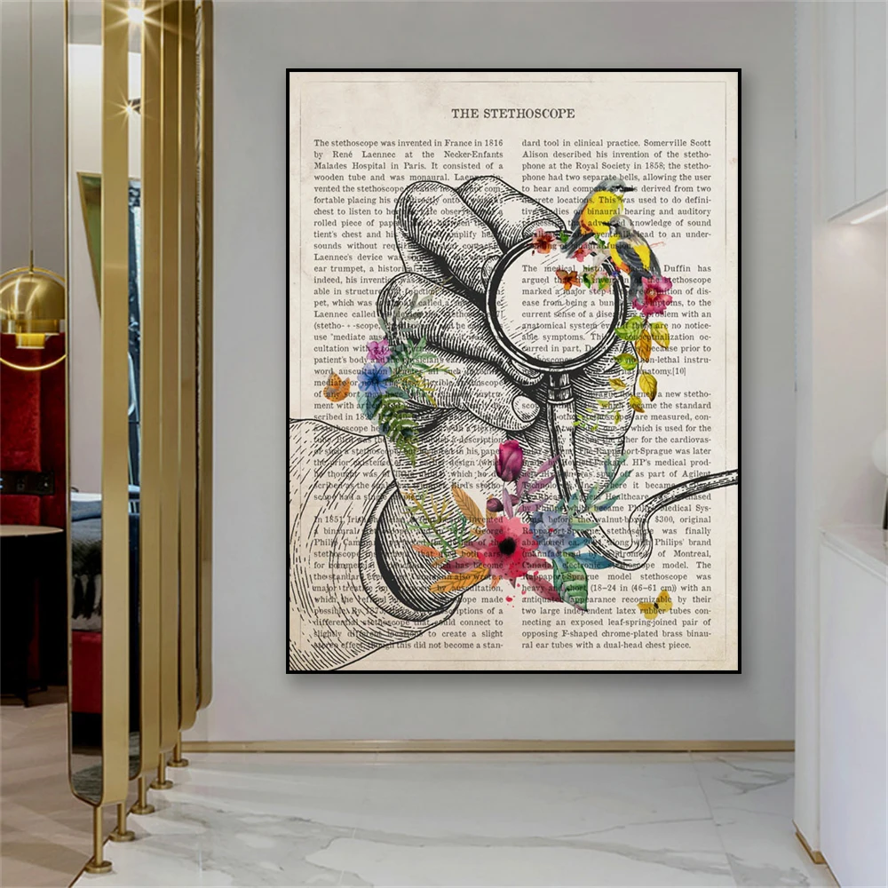 Poster with Modern Stethoscope Flowers Print Medical Wall Picture Canvas Painting Nurse Doctor Gift Hospital Clinic Office Decor smile