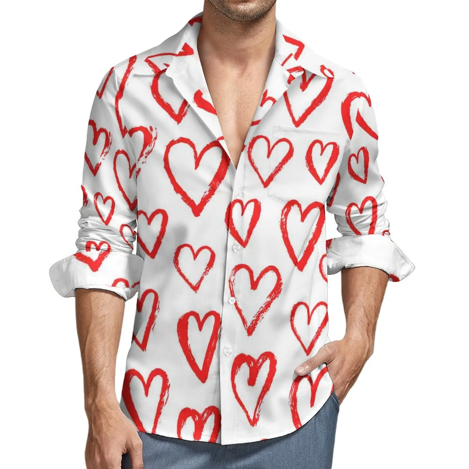 Red new Heart 2025 Casual Shirts Men Graffiti Art Print Shirt Long Sleeve Vintage Y2K Blouses Autumn Pattern Top Plus Size 3XL 4XL