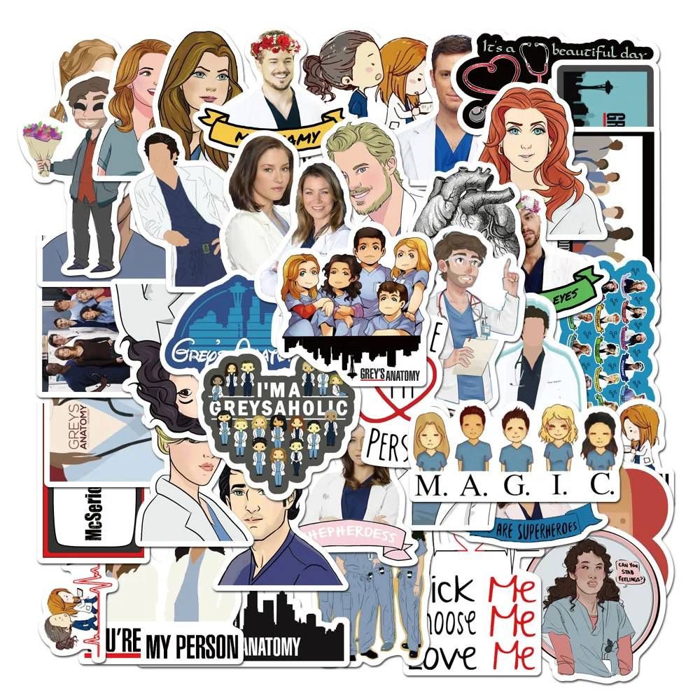 10/50PCS TV Show Greys Anatomy Funny PVC Scrapbooking For Luggage Laptop Phone Decals DIY Album Cute Doctors Stickers