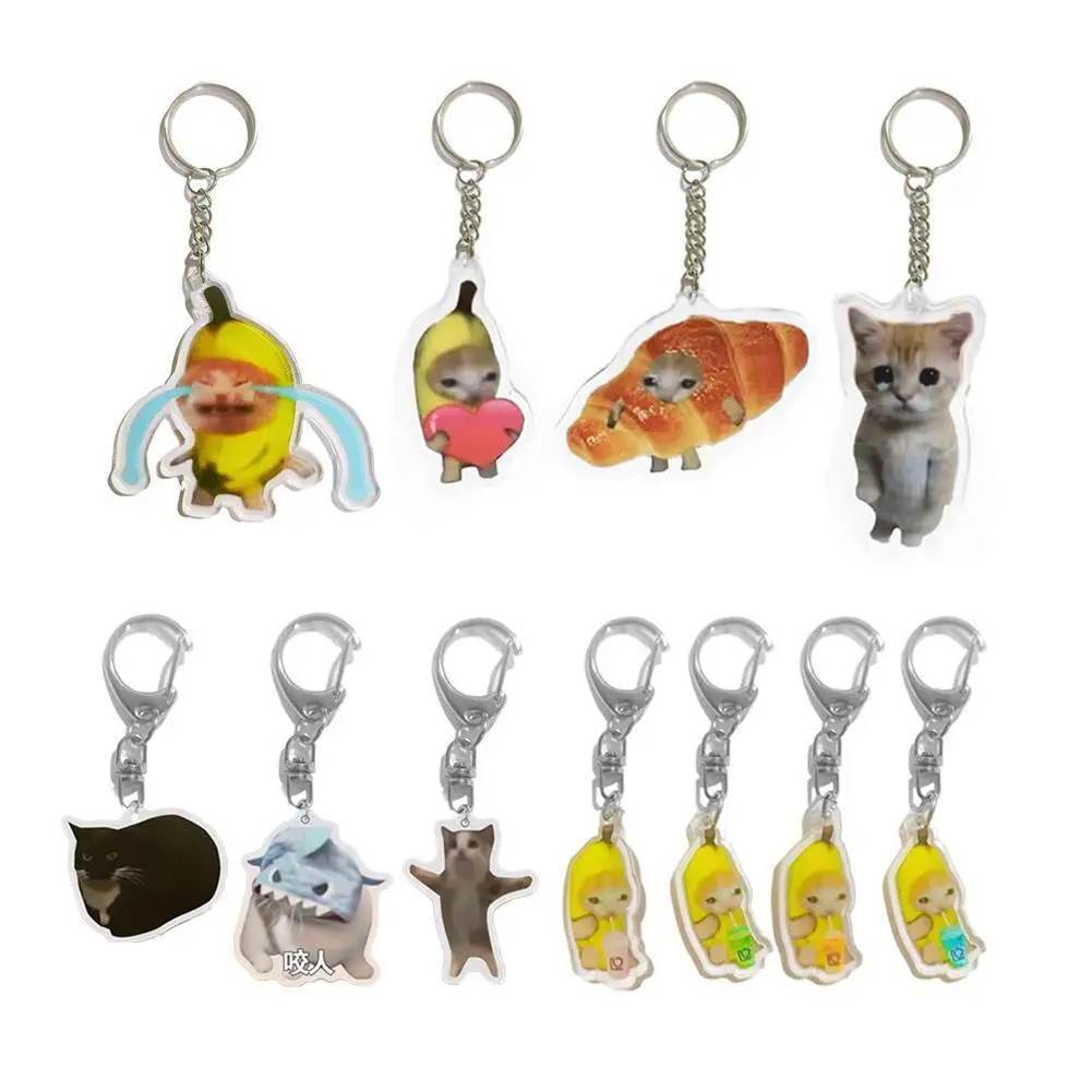 Cute Cat Mini Banana Meme Keychain Set Girl Students Funny Happy Love Bread Black Cat Keyrings Small Pendant Phone Chain Jewelry smile