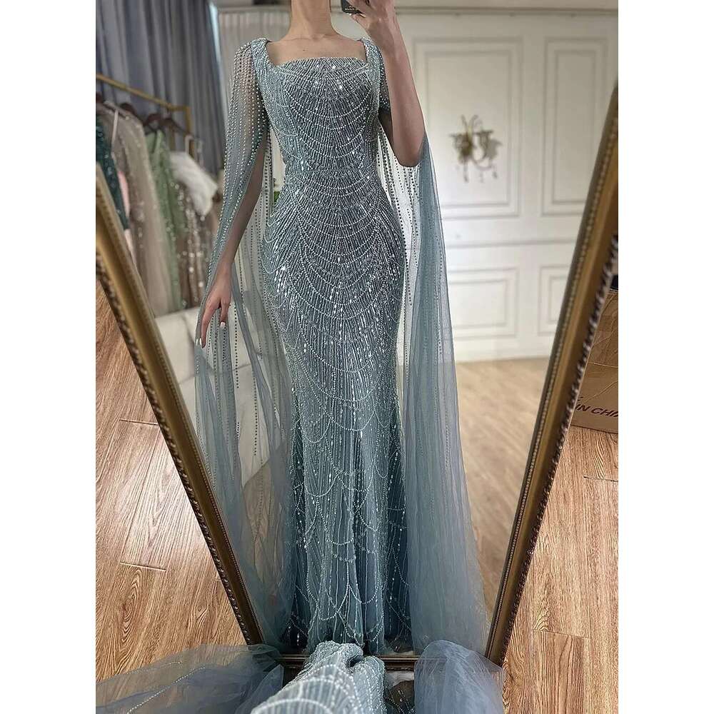 Hill Saudi Serene Arabic Turquoise Mermaid Evening Dress With Beaded Pearls Cape Sleeves For Ocn LA A Customized