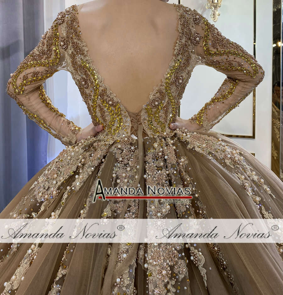 Customized Champagne Color Wedding Dress Full Beading With Lace Veil