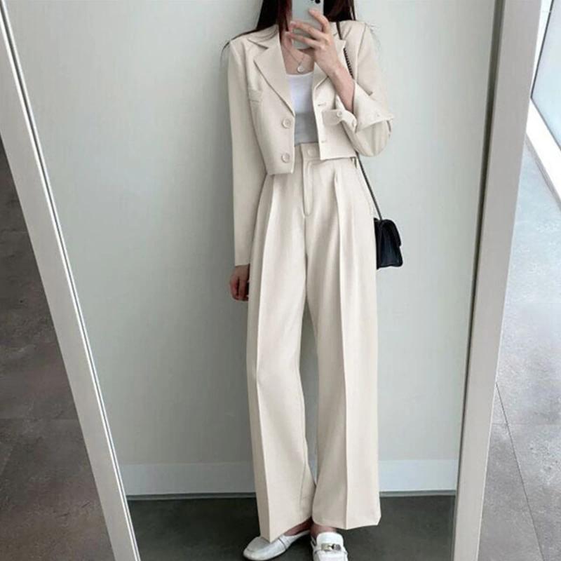 Women's Two Piece Pants Sets Women Outifits Fall Office Lady Korean Blazer Suits Long Sleeve Fashion Coat White High Waist