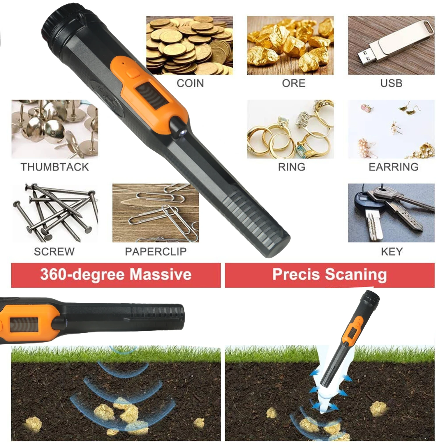 LCD Display Metal Detector Pinpointer IP68 Waterproof, High Accuracy with Waterproof Bag,Handheld Metal Pin Pointer Wand Suitabl