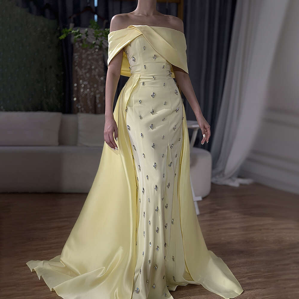 Blue Serene Hill Satin Simple High Split Mermaid Boat Neck Beaded Evening Dresses Gowns For Women Party LA Customized
