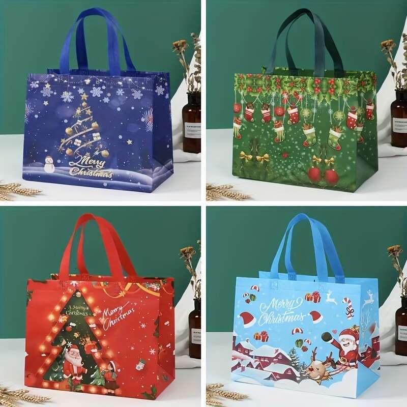Christmas 8pcs Gift With Handles, Grocery Christmas Treat Bags, Multifunctional Non-Woven Holiday Decoration Bags