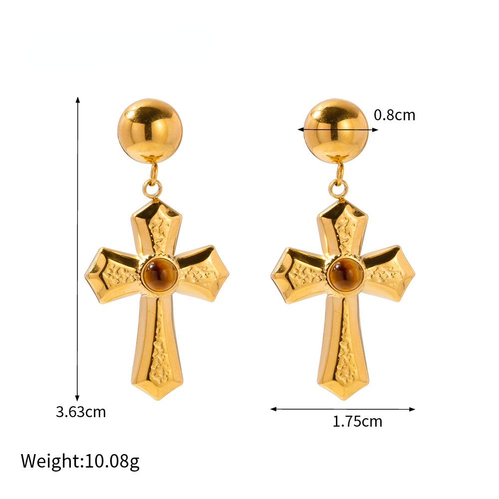 Minimalist Fashion Designer Tiger Eye Stone Black Agate Cross Earrings and Earrings for Women Titanium Steel Polished 18K True Gold Jewelry