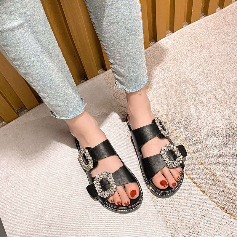 rhinestone crystal buckle slippers women brand design crystal double flip flops female platform slides sandals