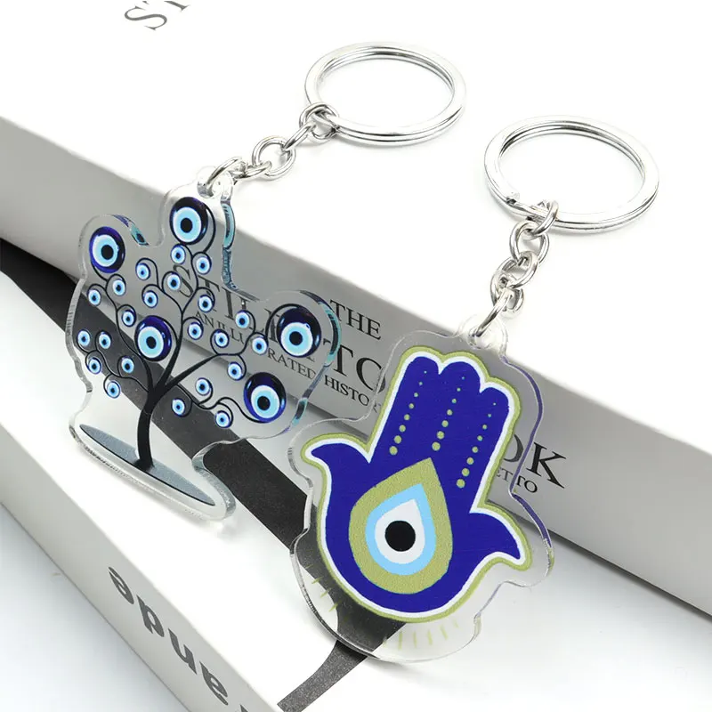 Blue ddmysmile Evil Eye Turkish Hamsa Hand Acrylic Keychain Mysterious Eyes Fatima Hand Keyring Bag Keys Pendant Men Women Jewelry Amulet Smile