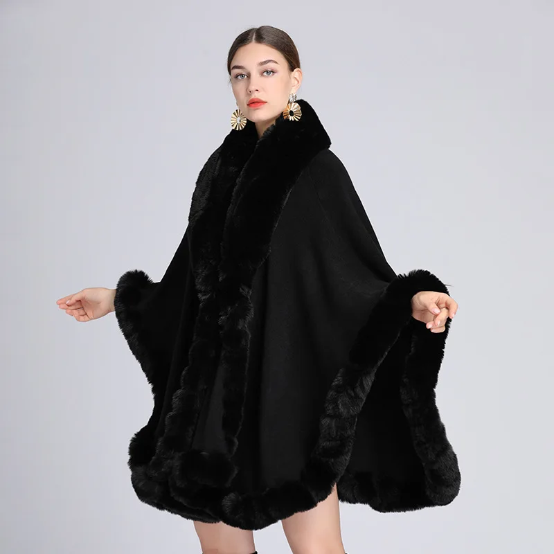Faux Elegant V Lapel Rex Rabbit Fur Coat Cape Winter Women Big ddmysmile Long Shawl Full Trim Fur Knit Cloak Overcoat Long Faux Fur Coat Smile
