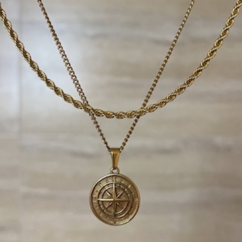 18k Gold Compass Pendant North Star Mens Compass Layered Set Gold Rope Chain Waterproof Necklace For Men Stainless Steel Gift For Boyfriend