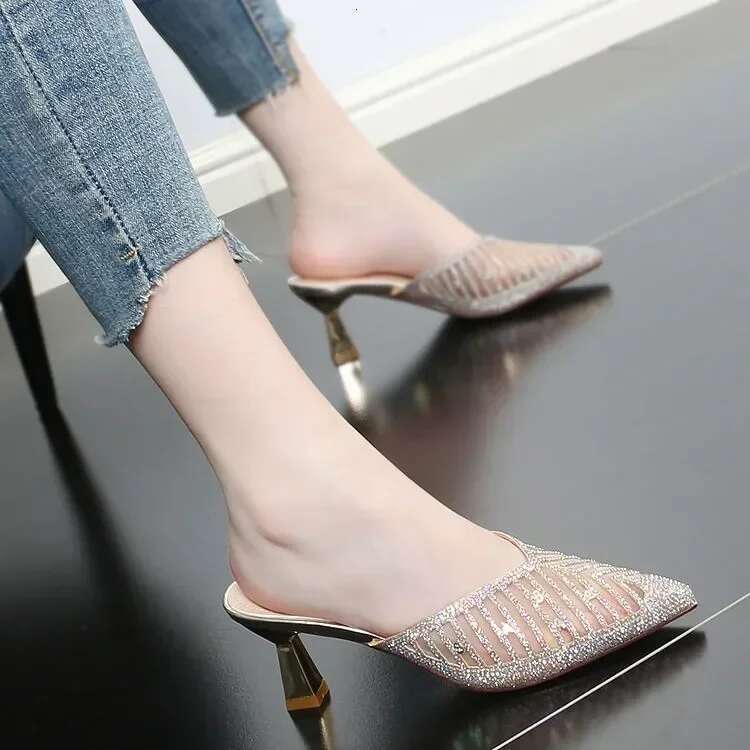 2025 Mesh Slippers New Summer Women Fashion Pointed Slides Spike Beige Mules Shoes High Heels 42