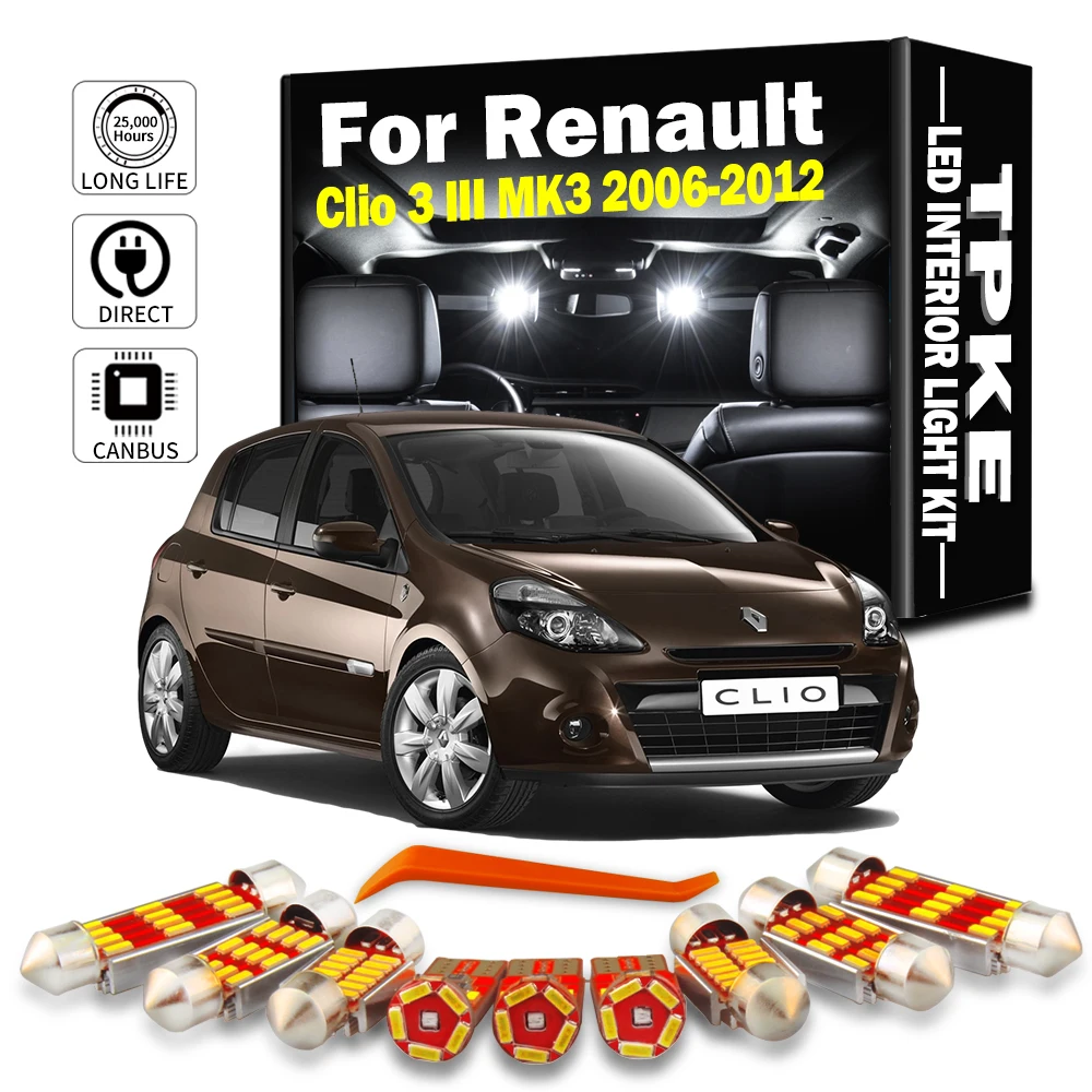 TPKE 13Pc LED Bulb Interior Map Dome Door Light Kit For Renault Clio 3 III MK3 2006 2007 2008 2009 2010 2011 2012 Sun Visor Lamp
