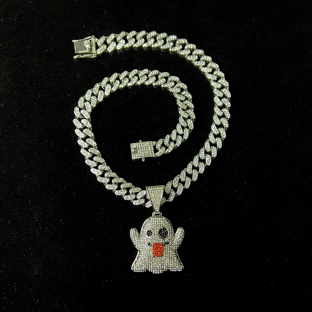 Tongue ULJ Black Ghost Eyes Funny Street Hipster AAA Rhinestones Hip-hop Miami Cuban Link Chain Male Necklace jewelry smile