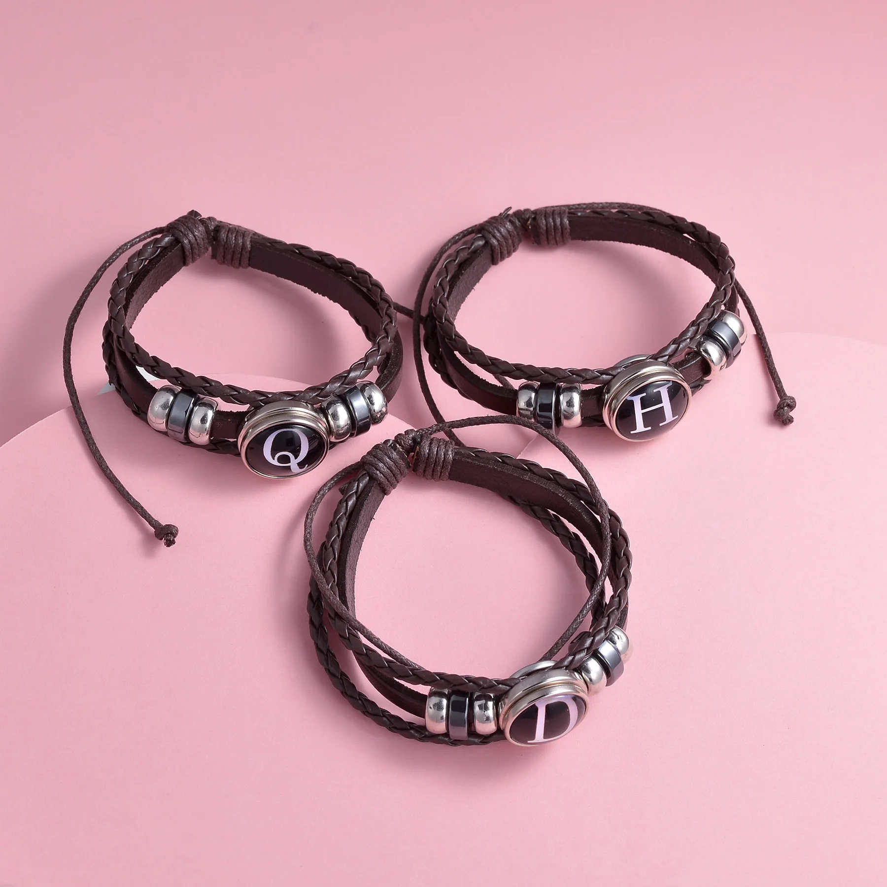 Men Vintage Letter Punk Leather Bracelet Brown Handmade Braided Multilayer 26 Initials ID Name Friendship Bracelets Gifts smile