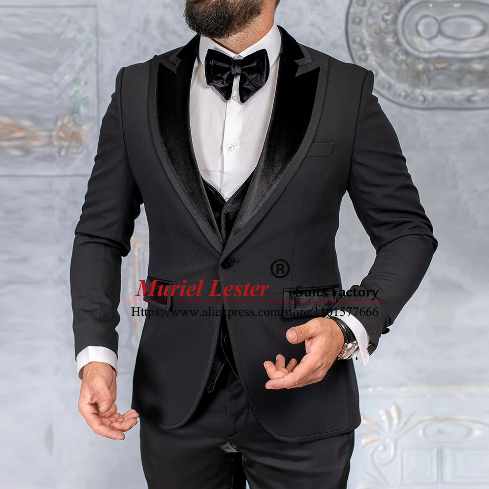 Black Suits Men Peaked Lapel Blazer Vest Pants 3 Pieces Plus Size Man Wedding Tuxedo Tailore-Made Single Breasted Jacket Latest smile