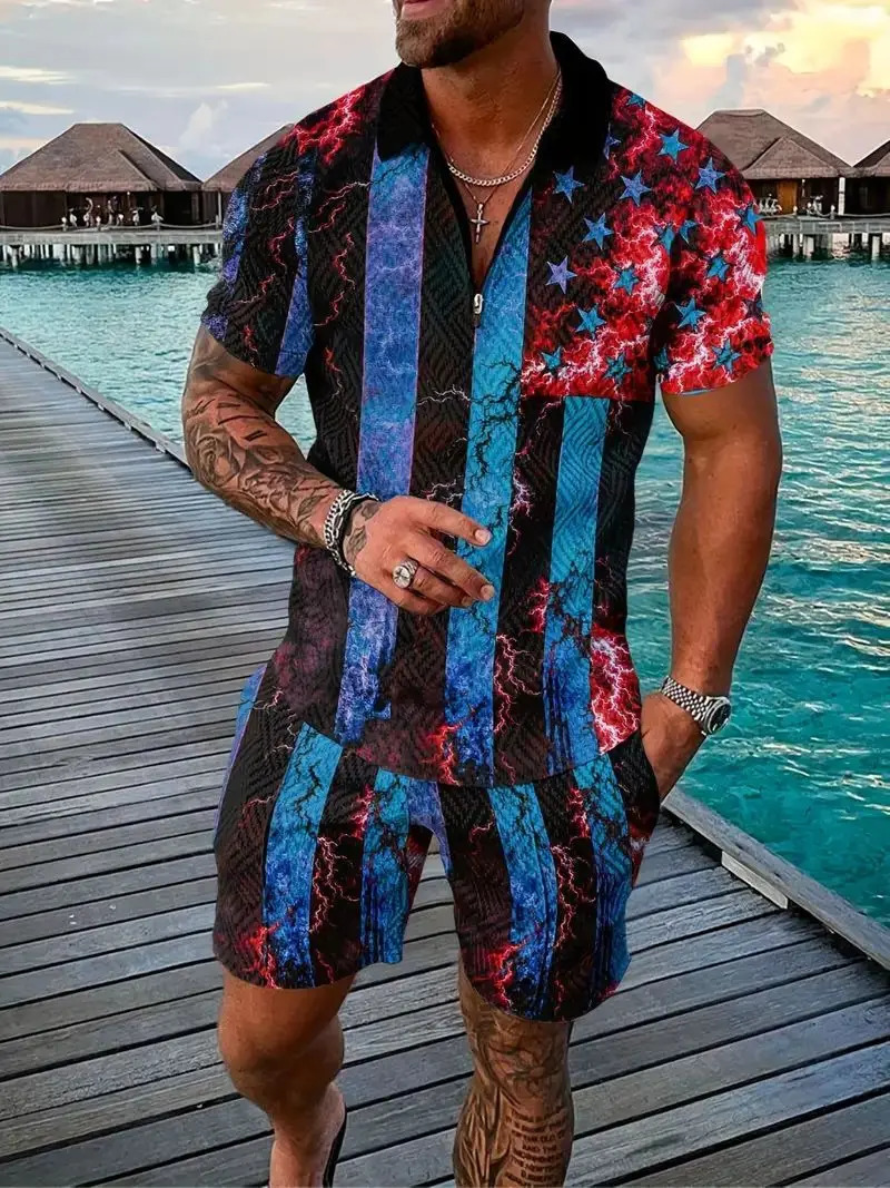 mens summer sports vacation set street leisure beach clothing 3D plaid patchwork short sleeved POLOshorts 2piece 240409