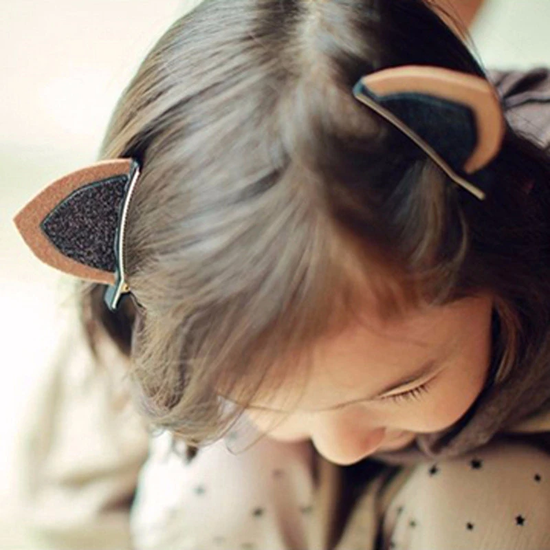 Girls Ears 2PCS/Lot Cat Barrettes Hair Clips Cute Little Sequins Safety Hairpin Lovely Children Ornaments Kids Hair Accessories smile