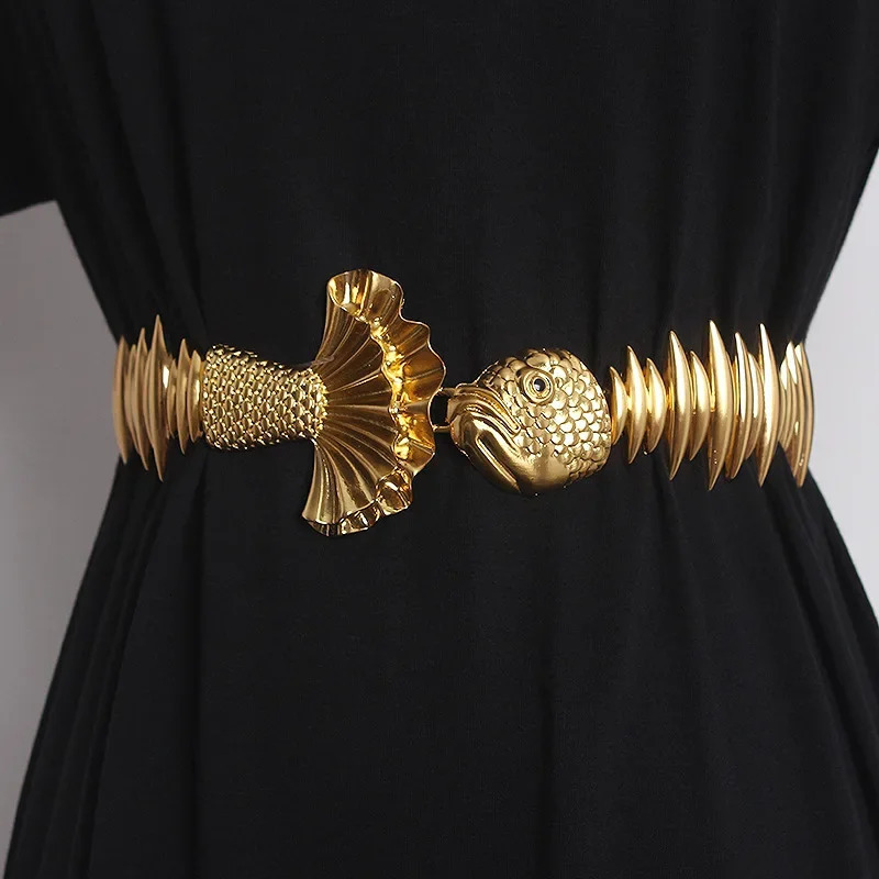 Womens Belt High Quality Womens Elastic Gold Belt Womens Waist Fish Metal Dress Belt 241108