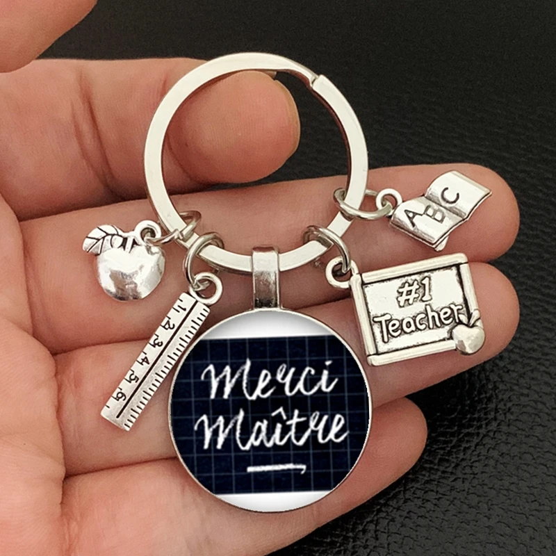 New teachers day gift keychain jewelry thank you teacher cute pattern pendant glass round charm bag keychain souvenir