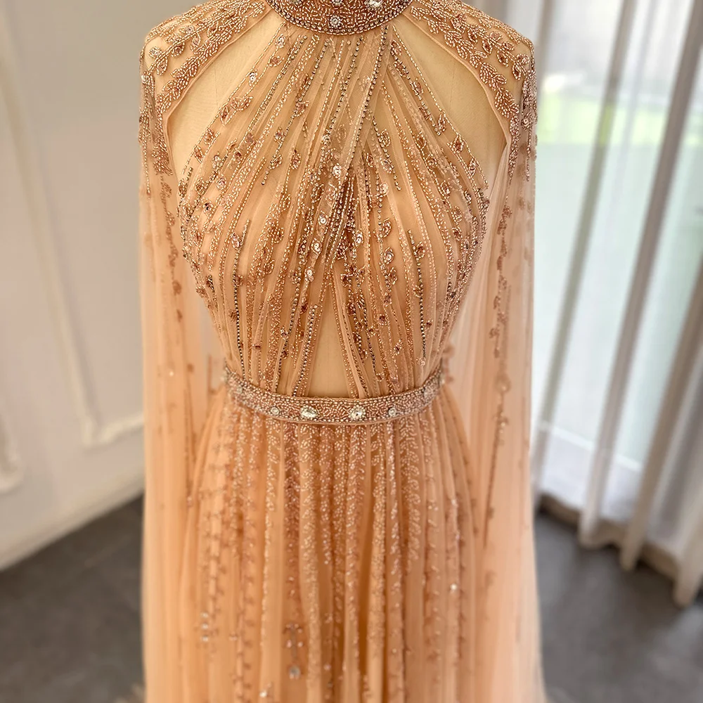 Sharon Said Luxury Dubai Champagne Evening Dresses with Cape Sleeves Elegant Arabic Formal Dress Women Party Gowns