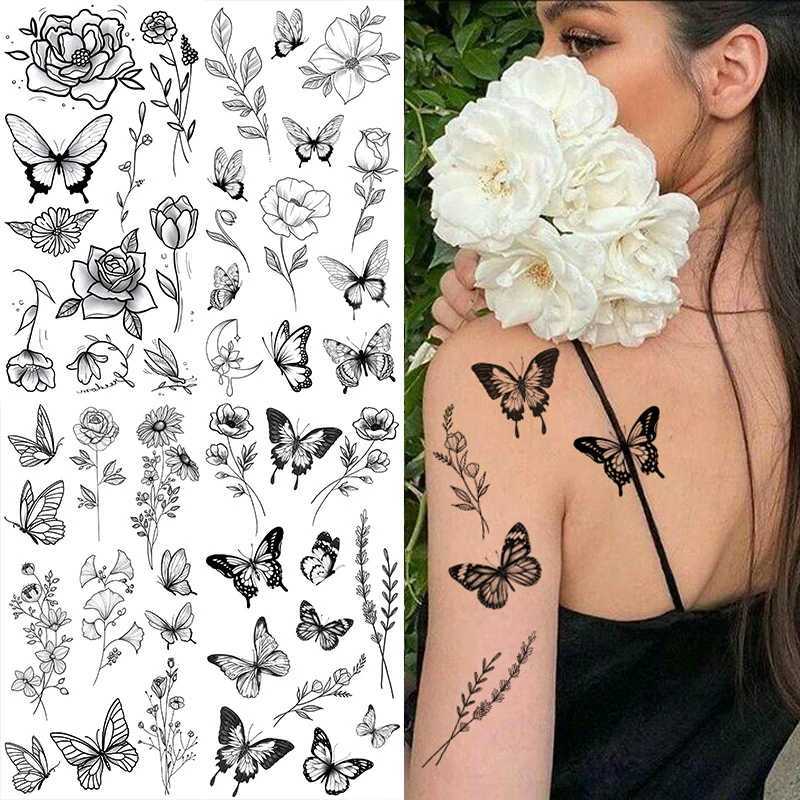 Black Large Flower Fake Tattoo Sticker Female Rose Peony Temporary DIY Water Transfer Tattoo Girl Hands Back Body Art W250410