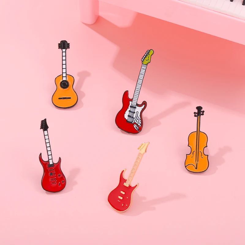 Creative Musical Instrument Enamel Pins Guitar Violin Bass Brooch Metal Rock Orchestra Lapel Badges Jewelry Gifts