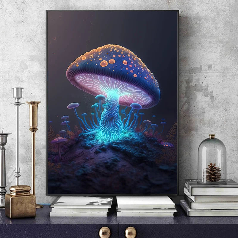 Poster Fantasy Mushrooms Psychedelic Shiny Mushroom Canvas Printing Painting Wall Art Picture Home Living ddmysmile Room Decor Cuadros Smile