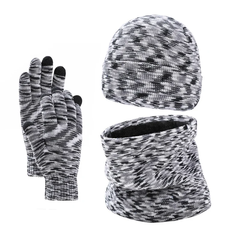 Hat Scarf Gloves 3pcs Set Women Men Winter Warm Knitted Beanie Hat Neck Warmers Outdoor Ski Cycling Windproof Full Finger Gloves smile