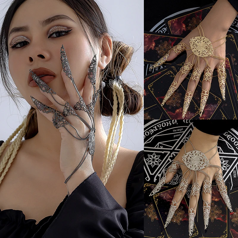 Punk Finger-cot Link Vintage Chain Bracelet Indian Thai Gold Color Connected Finger Ring Bracelet For Women Belly Dancer Cosplay smile
