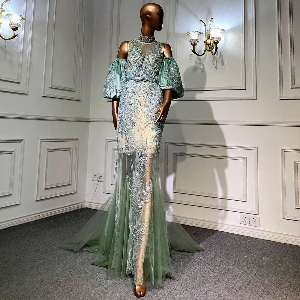 Puff Customized Green Sleeve Evening Dresses Gowns Beaded Mermaid Elegant For Women Party Couture LA