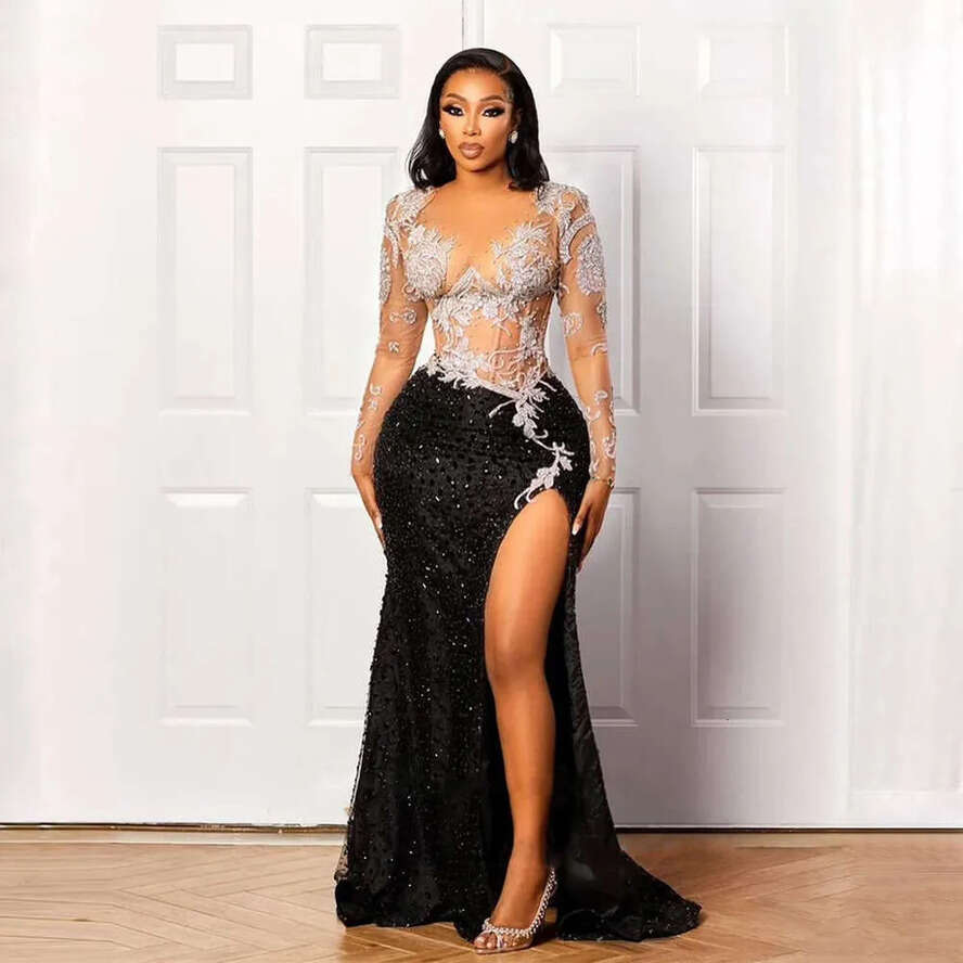African Lorencia Lace Mermaid Prom Long Sleeve Aso Ebi Specialguest Dress Black Girl Evening Gown Robe De Soiree Ypd